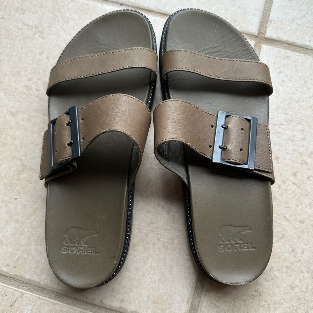 Sorel Women’s Olive Green Leather Roaming Double Buckle Slide Sandals 8.5.